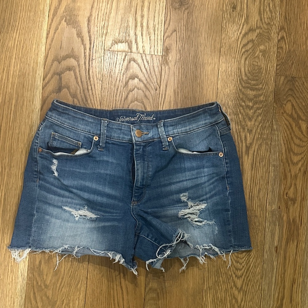 Universal Thread Women's Distressed Denim Shorts in Dark Blue Wash